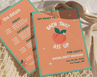Bachelorette Party Itinerary and Invite Template For Las Vegas Bachelorette, Bach That Ass Up, Weekend Itinerary