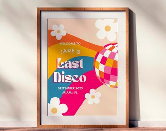 Letrero de bienvenida de despedida de soltera estilo discoteca para despedida de soltera retro, decoración de despedida de soltera personalizada, plantilla de Canva editable