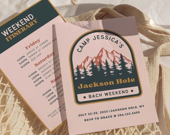 Camp Bachelorette Itinerary and Invite, Last Trail Before The Veil, Camping Theme Bachelorette Party, Canva Template