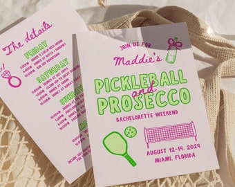 Pickleball and Prosecco Bachelorette Itinerary and Invitation, Hand Drawn Pickleball Bachelorette Invite, Editable Canva Template