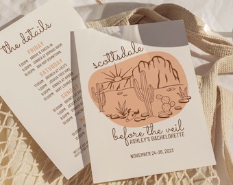 Scottsdale Before The Veil Bachelorette Itinerario e invitación, Arizona Bachelorette, Plantilla Canva editable