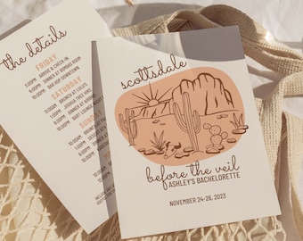 Scottsdale Before The Veil Bachelorette Itinerary and Invitation, Arizona Bachelorette, Editable Canva Template