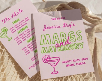 Handgezeichnete Margaritas und Ehe Bachelorette Reiseplan und Einladung, Florida Bachelorette, Fiesta Party, bearbeitbare Canva Vorlage