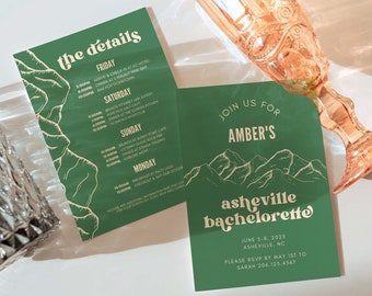 Asheville Bachelorette Itinerary, Editable Invite and Itinerary, Camping Theme Bachelorette Party, Canva Template