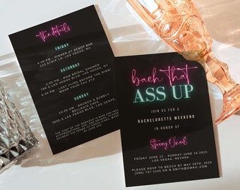 Bach That Ass Up Vegas Bachelorette Invite, Bachelorette Weekend Vegas Itinerary, She Said Yes, Bachelorette Evite