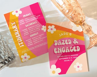 Dazed and Engaged Bachelorette Party Itinerary and Invitation For Retro Bachelorette, Boozed and Confused, Canva Template