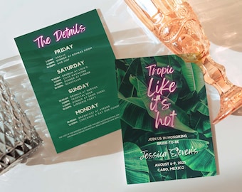 Plantilla de itinerario e invitación para despedida de soltera tropical (descarga digital)