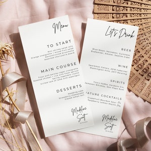 Plantilla de menú de boda con menú de barra, tarjetas de menú personalizables, menú minimalista, menú de recepción imagen 2