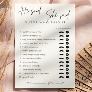He Said She Said Bridal Shower Game, Guess Who Said It, Wedding Shower Game, Bridal Shower Trivia
