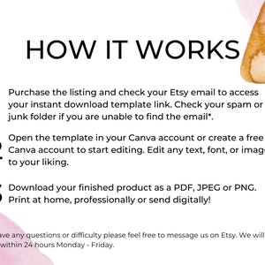 May include: A white background with a light blue, pink, and orange watercolor design. The text "HOW IT WORKS" is in black at the top of the image. Three numbered steps are listed below the text. Step 1: Purchase the listing and check your Etsy email to access your instant download template link. Check your spam or junk folder if you are unable to find the email*. Step 2: Open the template in your Canva account or create a free Canva account to start editing. Edit any text, font, or image to your liking. Step 3: Download your finished product as a PDF, JPEG or PNG. Print at home, professionally or send digitally! *If you have any questions or difficulty please feel free to message us on Etsy. We will respond within 24 hours Monday - Friday.