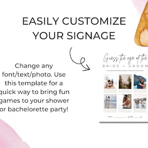 May include: A printable game card for a bridal shower or bachelorette party. The card has a black and white design with the text "Guess the age of the bride & groom". The card has six photos of couples and a space to write in the ages.