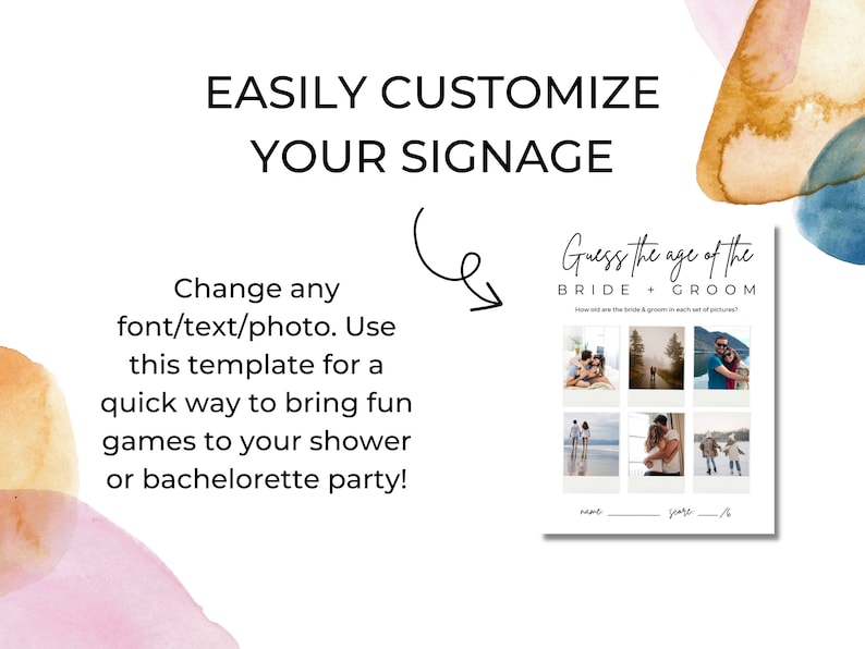 May include: A printable game card for a bridal shower or bachelorette party. The card has a black and white design with the text "Guess the age of the bride & groom". The card has six photos of couples and a space to write in the ages.