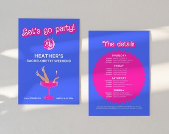 Hot Pink Disco Bachelorette Party Invitation, Malibu Theme (Editable Canva Template)