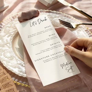 Plantilla de menú de boda con menú de barra, tarjetas de menú personalizables, menú minimalista, menú de recepción imagen 3