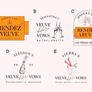 May include: Five different designs for bachelorette party invitations. Each design features a champagne bottle or glasses with the text "Veuve before Vows" and the bride's name. The designs also include the location and date of the party.