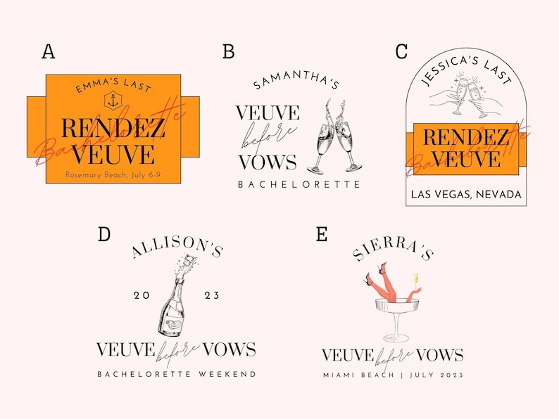 May include: Five different designs for bachelorette party invitations. Each design features a champagne bottle or glasses with the text "Veuve before Vows" and the bride's name. The designs also include the location and date of the party.