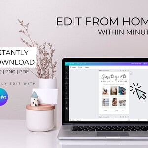 May include: A laptop computer displaying a digital printable wedding game, "Guess the age of the bride and groom", with a cursor icon. The text "INSTANTLY DOWNLOAD JPEG | PNG | PDF EASILY EDIT WITH Canva" is displayed on the left side of the image.
