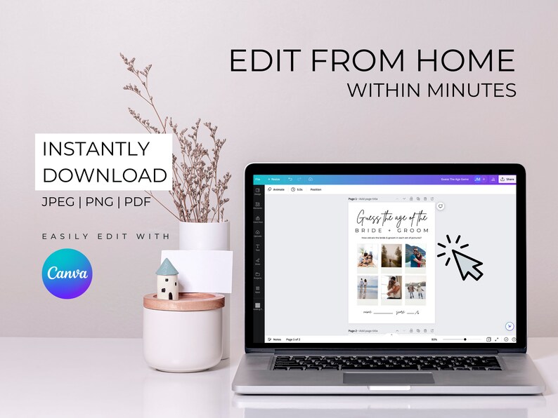 May include: A laptop computer displaying a digital printable wedding game, "Guess the age of the bride and groom", with a cursor icon. The text "INSTANTLY DOWNLOAD JPEG | PNG | PDF EASILY EDIT WITH Canva" is displayed on the left side of the image.
