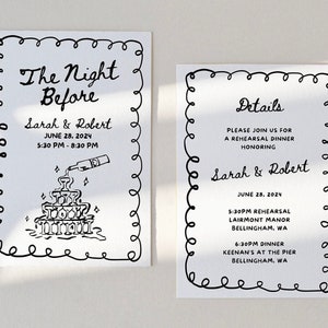 Convite para jantar de ensaio para a noite anterior, convite para ensaio de casamento desenhado à mão, convite ilustrado, modelo editável