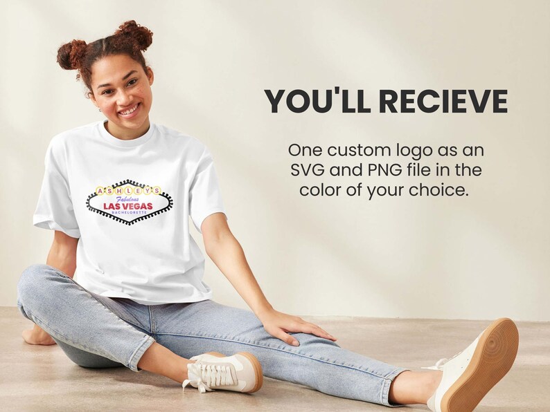 May include: A white t-shirt with a black and yellow graphic of the Las Vegas sign that says "Ashley's Fabulous Las Vegas Bachelorette". The text "YOU'LL RECIEVE" is in black text above the image. Below the image is the text "One custom logo as an SVG and PNG file in the color of your choice."