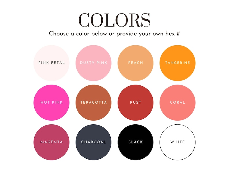 May include: A color palette chart with 12 color swatches. The colors are: pink petal, dusty pink, peach, tangerine, hot pink, terracotta, rust, coral, magenta, charcoal, black, and white.