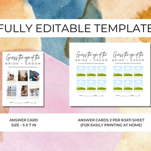 May include: Printable game cards for a wedding reception. The cards have a green and blue watercolor background and the text "Guess the age of the bride + groom".