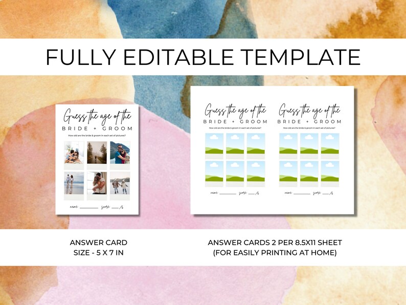 May include: Printable game cards for a wedding reception. The cards have a green and blue watercolor background and the text "Guess the age of the bride + groom".