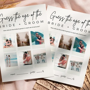 May include: Two printable game cards with the text "Guess the age of the bride + groom". Each card has six Polaroid-style photos of a couple at different ages. The cards have a space for a name and score.