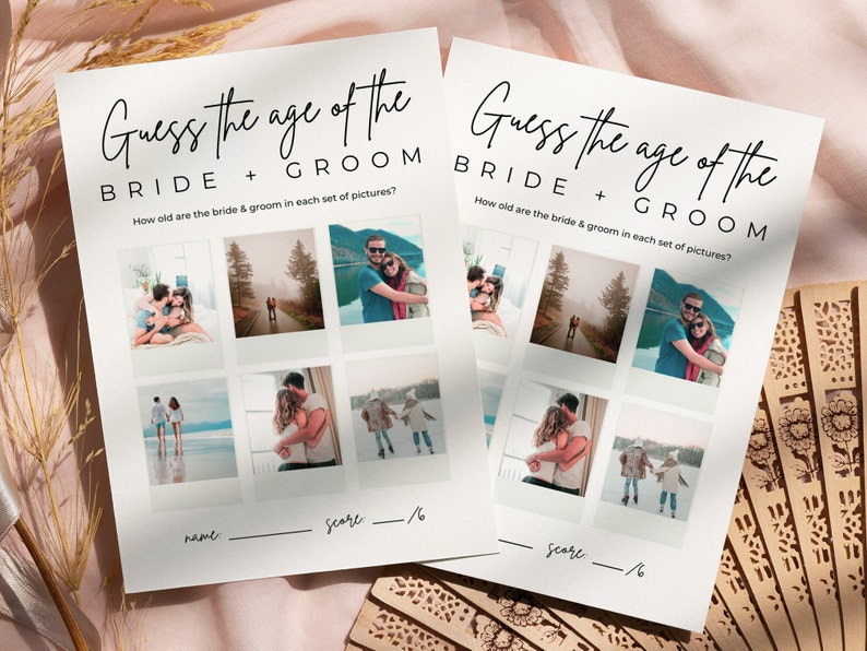 May include: Two printable game cards with the text "Guess the age of the bride + groom". Each card has six Polaroid-style photos of a couple at different ages. The cards have a space for a name and score.