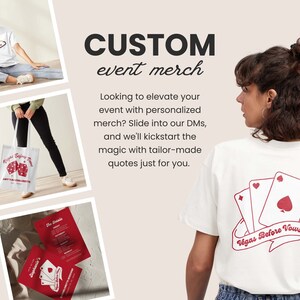 May include: White tote bag with a red dice graphic and the text "Vegas Before Vows" printed on it. The bag is being held by a person wearing black pants and white sneakers.