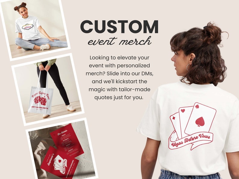 May include: White tote bag with a red dice graphic and the text "Vegas Before Vows" printed on it. The bag is being held by a person wearing black pants and white sneakers.