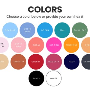 May include: A color chart with 18 different color swatches, including sky blue, dusty blue, ocean, teal, palm leaf, pink petal, dusty pink, coral, hot pink, tangerine, peach, sand, terracotta, cherry, magenta, navy, charcoal, black, and white.