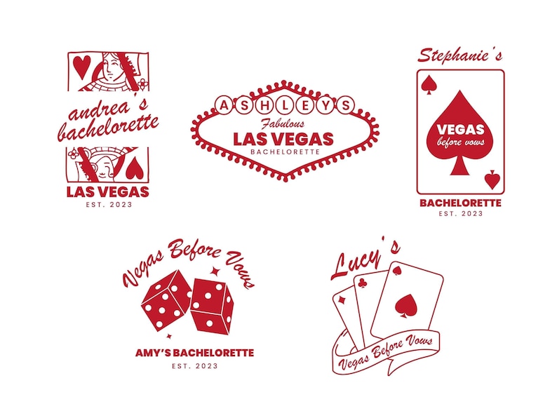 May include: Five different designs for bachelorette party invitations. Each design features a red color scheme and includes the text "Vegas Before Vows" and the year "2023".