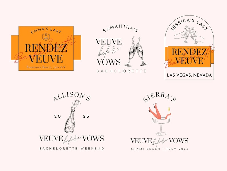 May include: Five different designs for bachelorette party invitations. Each design features a champagne bottle or glasses with the text "Veuve before Vows" and the location and date of the event. The designs are in black and white with orange accents.