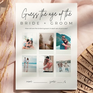 May include: A printable game card with the text "Guess the age of the Bride + Groom" and six Polaroid-style photos of a couple at different ages. The card also includes a space for a name and a score out of six.