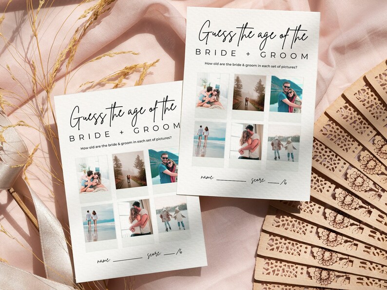 May include: Two printable game cards with the text "Guess the age of the Bride + Groom" and a grid of photos. The text "How old are the bride & groom in each set of pictures?" is below the title. The cards have a space for a name and score.