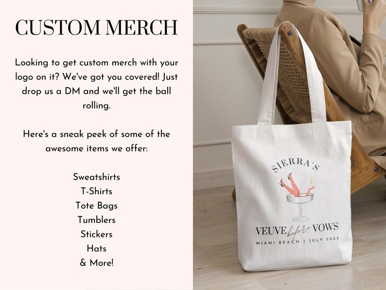 May include: White canvas tote bag with a pink illustration of a woman's legs sticking out of a champagne glass. The text "SIERRA'S VEUVE before VOWS MIAMI BEACH | JULY 2023" is printed on the bag.