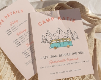Camp Bachelorette Party Invitation and Itinerary, Last Trail Before The Veil, Canva Template