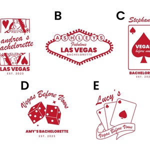 May include: Five different designs for bachelorette party invitations. Each design features a red color scheme and includes the text "Vegas Before Vows" and the year "2023".
