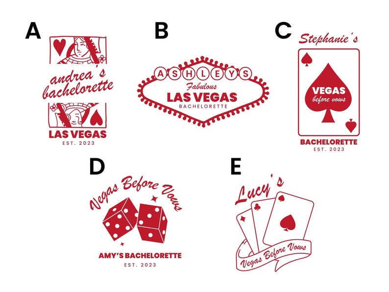 May include: Five different designs for bachelorette party invitations. Each design features a red color scheme and includes the text "Vegas Before Vows" and the year "2023".