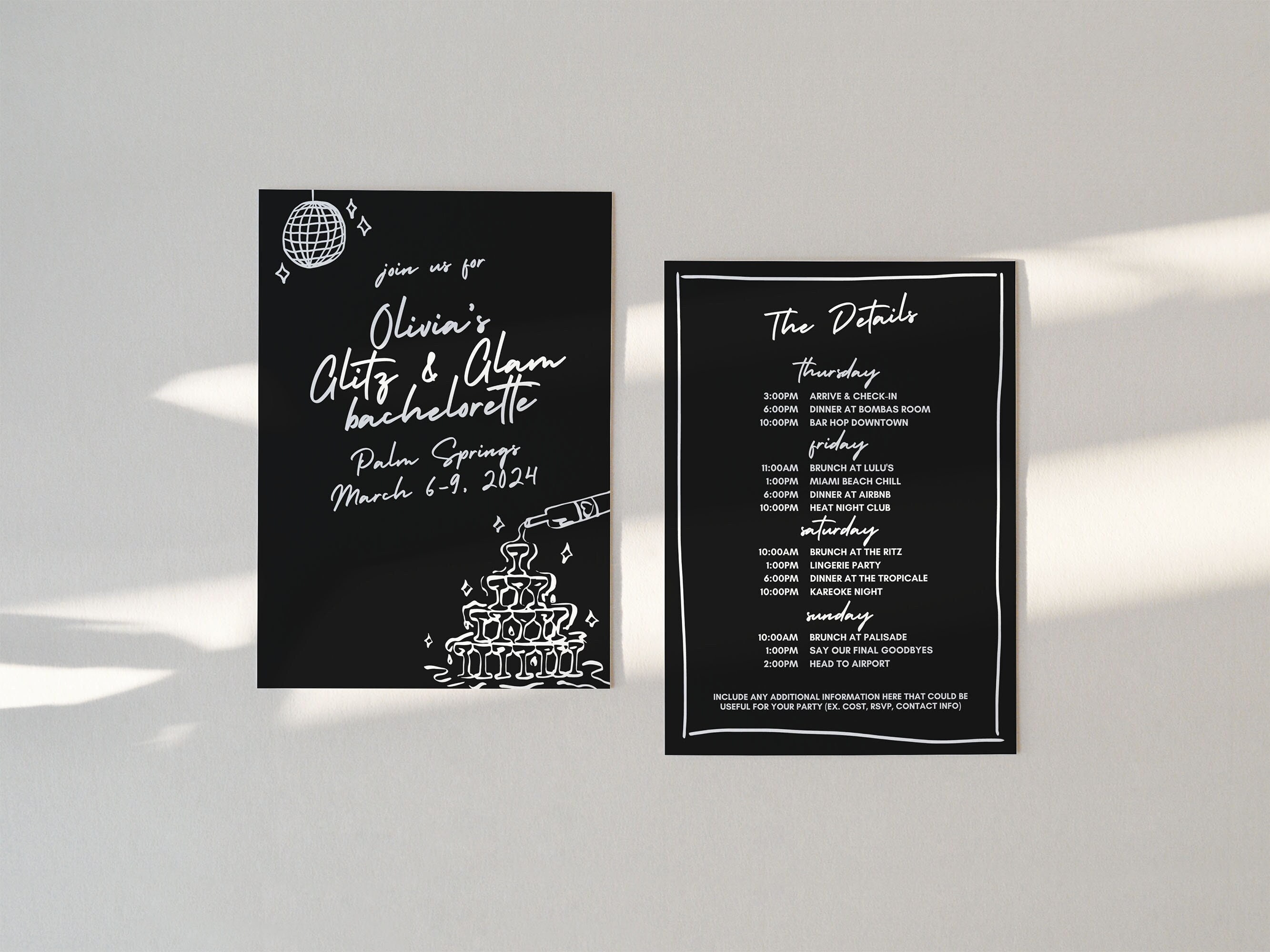 Glitz And Glam Bachelorette Invitation and Itinerary, Hand Drawn Bachelorette Invite, Editable Canva Template
