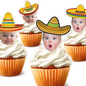 Printable Custom Photo Mexican sombrero Cupcake Topper,Personalised Face Fiesta Hat Sticker Cupcake Topper,Birthday Decor,Digital File Only