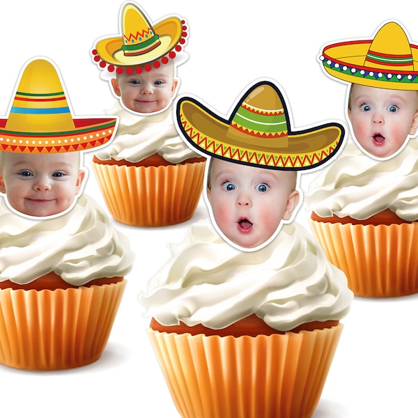 Afdrukbare aangepaste foto Mexicaanse sombrero cupcake topper, gepersonaliseerde gezicht fiesta hoed sticker cupcake topper, verjaardag decor, alleen digitaal bestand