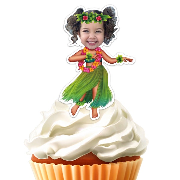 Printable Hula Girl Face Custom Photo Cupcake Topper,Personalised Hawaiin Sticker Cupcake Topper,Digital File Only