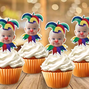 Handmade Circus Clown Party Face Custom Photo Cupcake Topper,Personalised Under the Big Top Funny Cupcake Topper,Birthday Decor