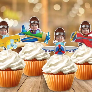 Handmade Airplane Pilot Party Face Custom Photo Cupcake Topper,Personalised Pilot Cupcake Topper,Birthday Decor