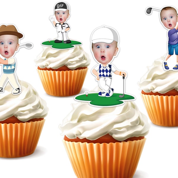 Afdrukbare aangepaste foto Golf Cupcake Topper, gepersonaliseerde gezicht Sticker Golf Cupcake Topper, verjaardagsdecor, alleen digitaal bestand