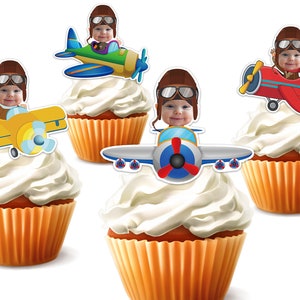 Printable Custom Photo Airplane Cupcake Topper,Personalised Face Pilot Sticker Cupcake Topper,Birthday Decor,Digital File Only