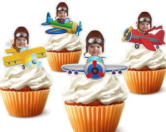 Printable Custom Photo Airplane Cupcake Topper,Personalised Face Pilot Sticker Cupcake Topper,Birthday Decor,Digital File Only