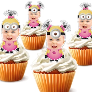 Topper per cupcake con foto rosa Minion personalizzata stampabile per bambina, topper per cupcake con adesivo Minion personalizzato, decorazione per compleanno, solo file digitale